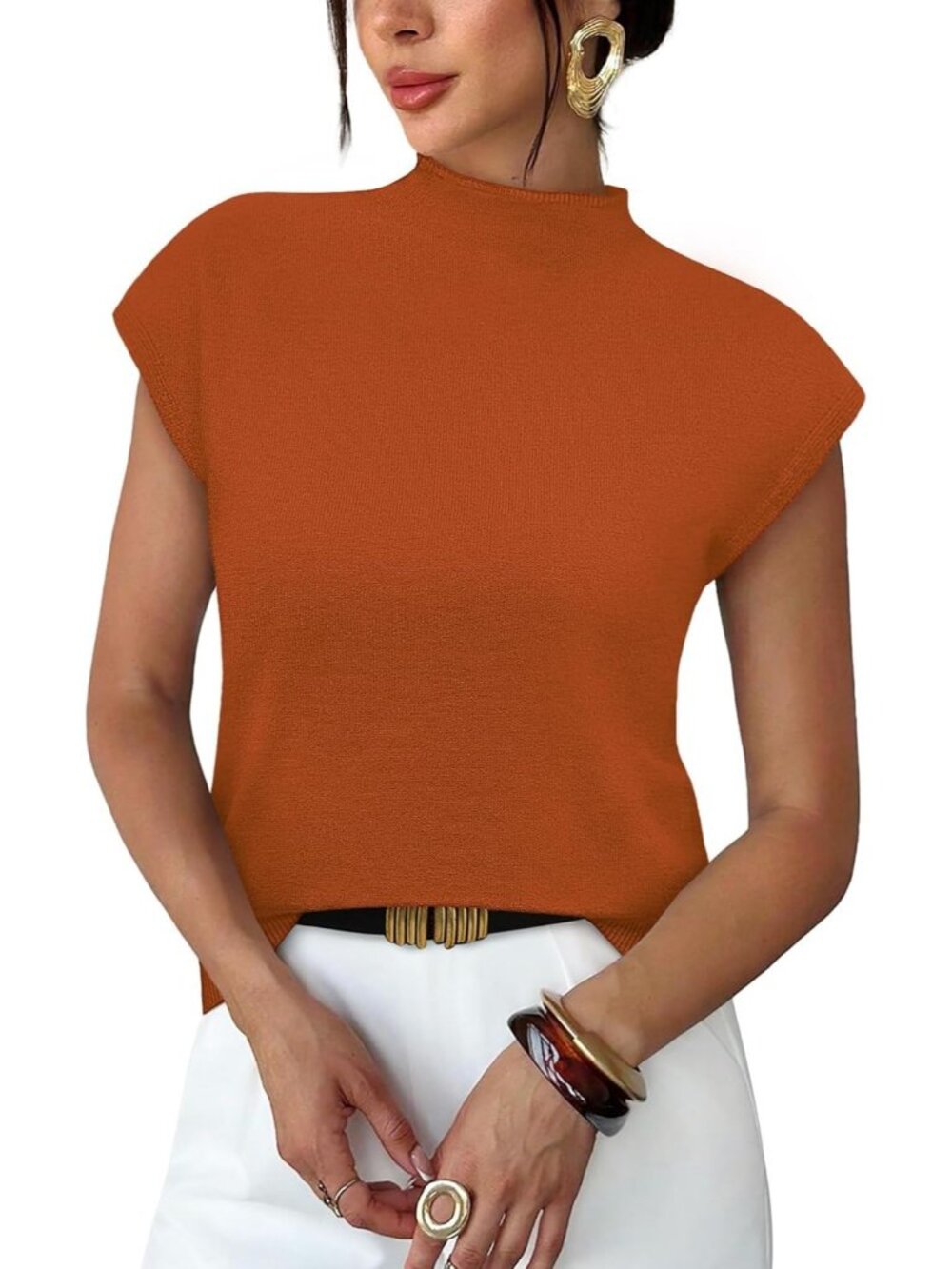 Women's Caramel Mock Neck Sweater Short Sleeve Knit Pullover Dressy Casual Tops